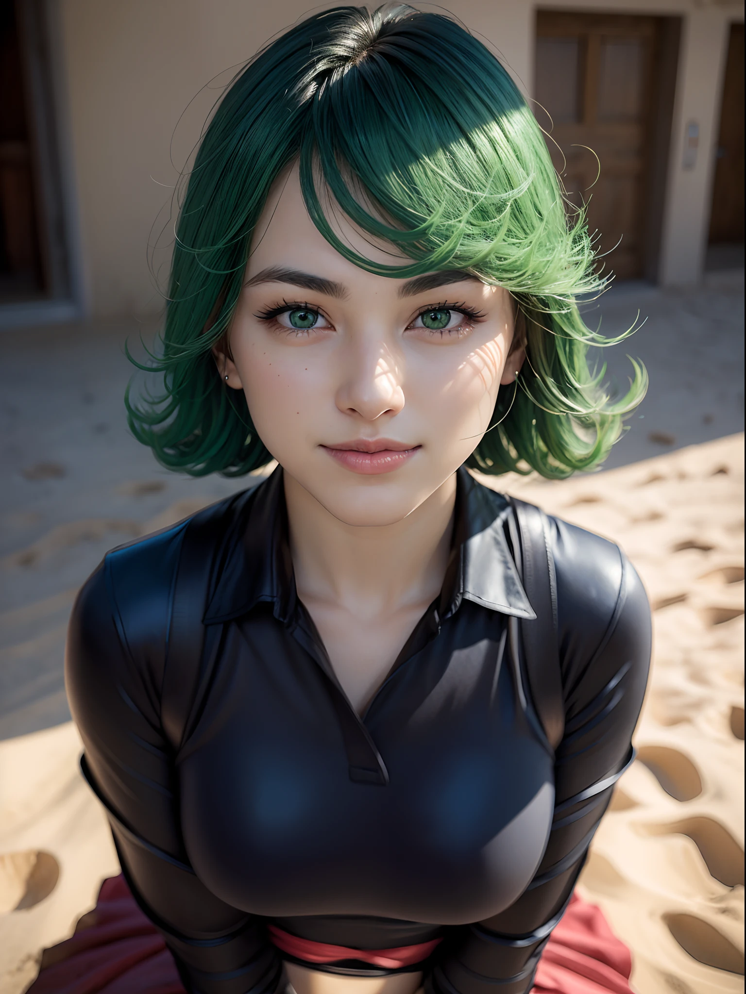 (Obra maestra, mejor calidad:1.4), (cuerpo completo), 1 chica, solo, afuera, en un desierto con arena y polvo, tatsumaki, (cortina pélvica:1.2), mangas largas, vestido negro, (pelo verde), cabello corto, pechos medianos, Hermosa sonrisa, hermoso rostro, Cara muy detallada, ojos muy detallados, piel muy detallada, poros de la piel, dispersión subsuperficial, Realista pupils, rubor de cara completa, labios llenos, profundidad de campo, iluminación volumétrica, enfoque nítido, absurdos, Realista proportions, buena anatomia, (Realista, hyperRealista:1.4), 16K HDR