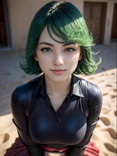 (masterpiece, best quality:1.4), (full body), 1girl, solo, outside, on a desert with sand and dust, tatsumaki, (pelvic curtain:1...