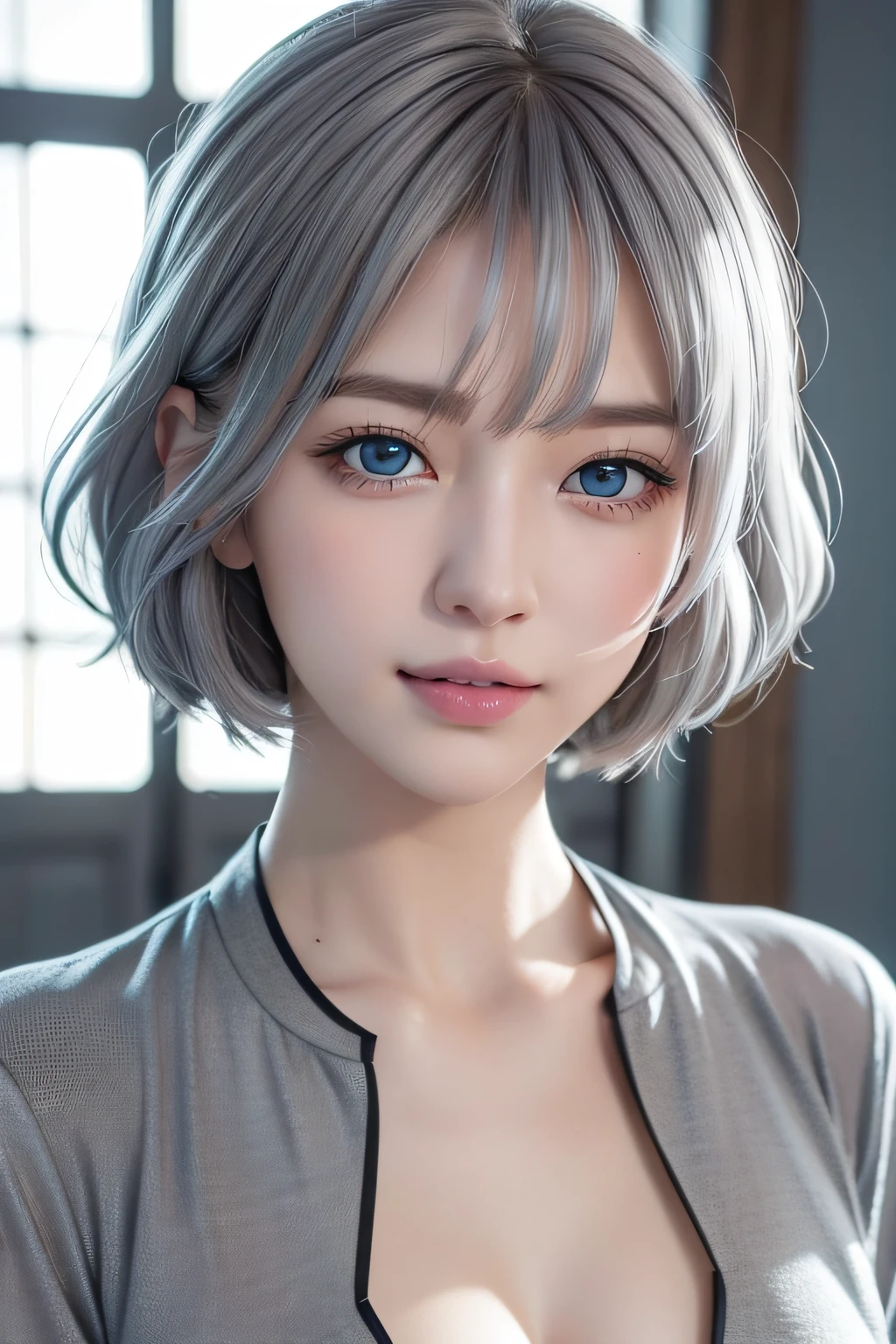 (blue eyes:1.2)、The best smile、(Ash gray hair:1.5)、、short-hair, (Raw photography、top-quality)、(realisitic、Photorealsitic:1.3)、top-quality、​masterpiece、extremely delicate and beautiful、A highly detailed、nffsw、A sense of unity、2k wallpaper、magnificent、Beautiful in every detail、​masterpiece、Smile、top-quality、Highly detailed ticker Unity 8K wallpapers、huge filesize、Ultra-detail、hight resolution、ighly detailed、Female 1 Person、Slim body、D-cups、(Black Leotard Top:0.7)、(Pink skirt:1.2)、Look at the front、Sharp Focus、Face Close-up、pureerosface_v1:0.8 Short Hair、instagramart、Viewer's Perspective、selfee