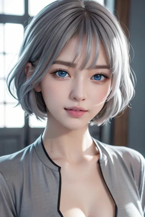 (Blue eyes:1.2)、The best smile、(Ash gray hair:1.5)、、short-hair, (Raw photography、top-quality)、(realisitic、Photorealsitic:1.3)、to...