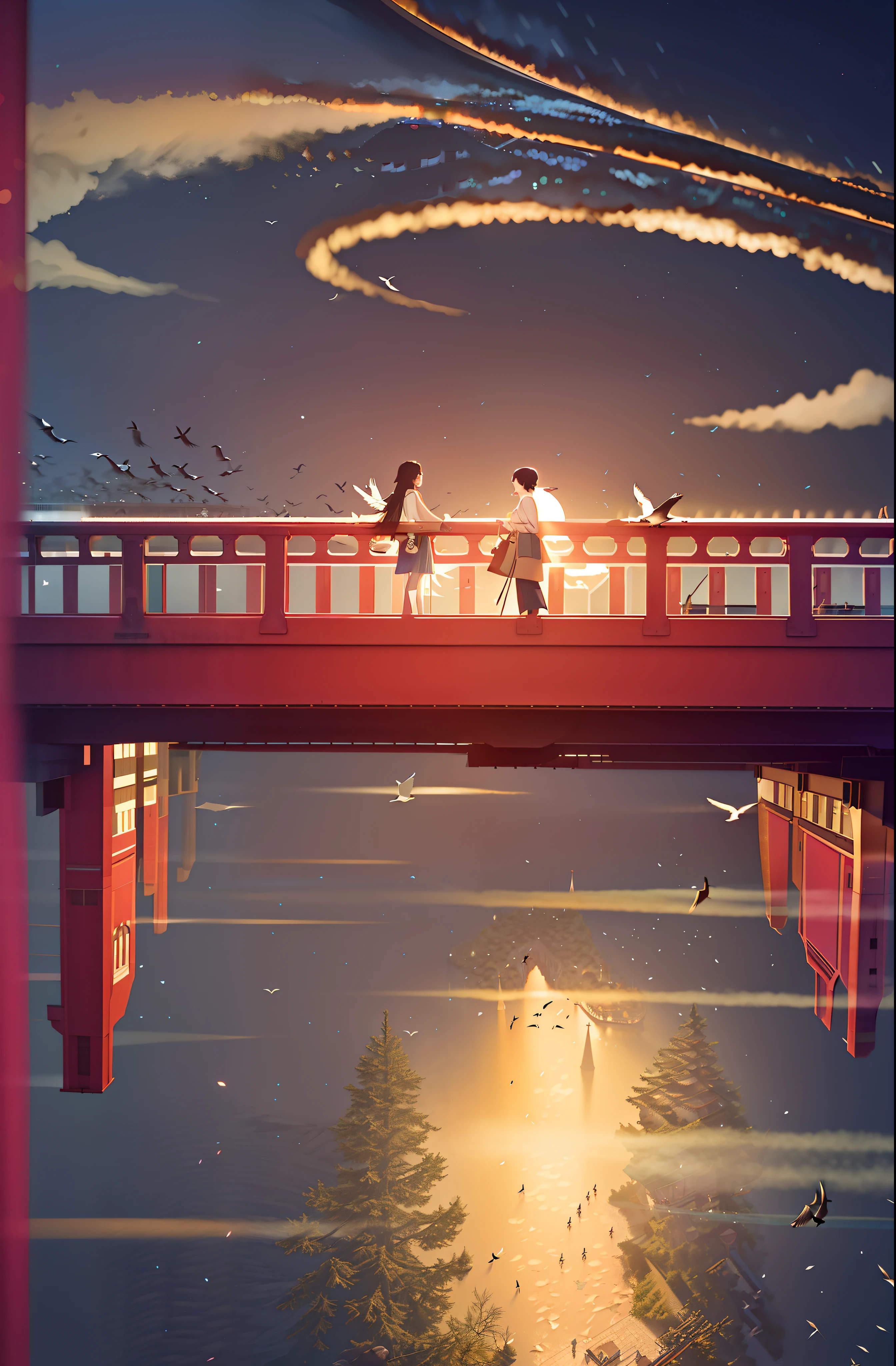 There were several people standing on the bridge, A beautiful artwork illustration, in style of atey ghailan, , blurry and dreamy illustration, calm evening. Digital illustration, , by Atey Ghailan，There is a flock of large birds flying on the bridge deck