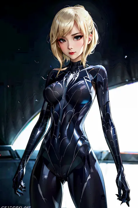 GwenStacy， SpiderGwen,Black Venom suit， Tongue stock， White spider symbol on chest， dampness， Slimy， Black slime，black reotard, ...