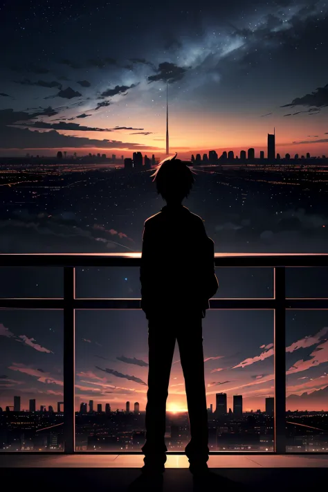 anime,silhouette,1boy, star (sky), cloud, cityscape, building, city, outdoors, skyscraper, city lights, night, night sky, sunset...