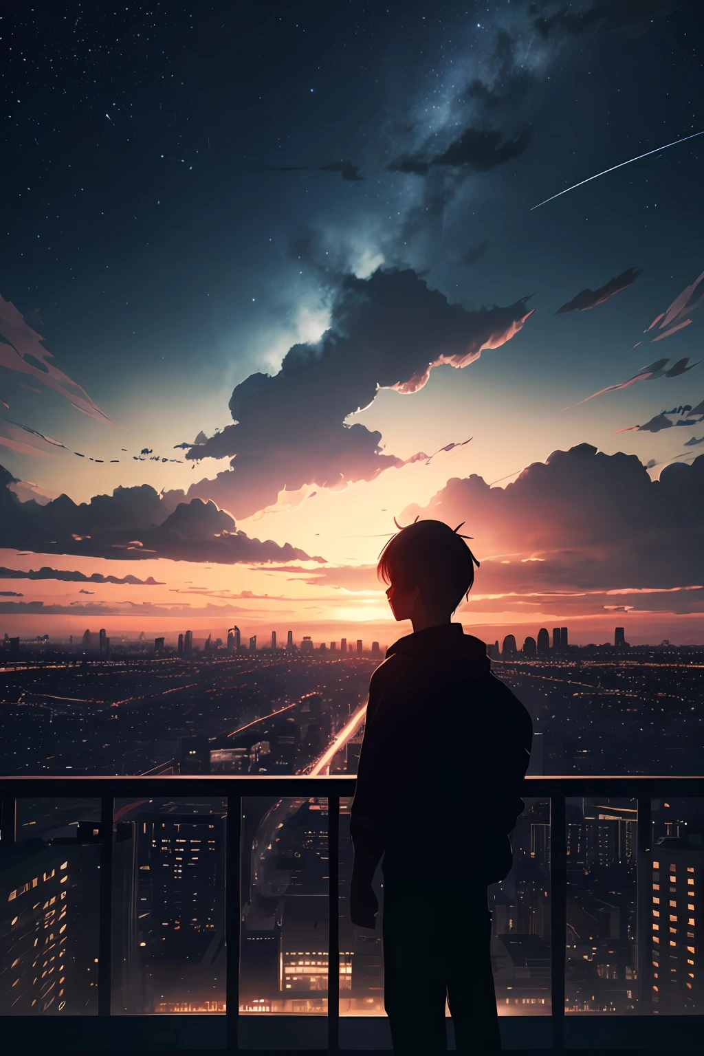 anime,silhouette,1boy, star (sky), cloud, cityscape, building, city, outdoors, skyscraper, city lights, night, night sky, sunset, skyline