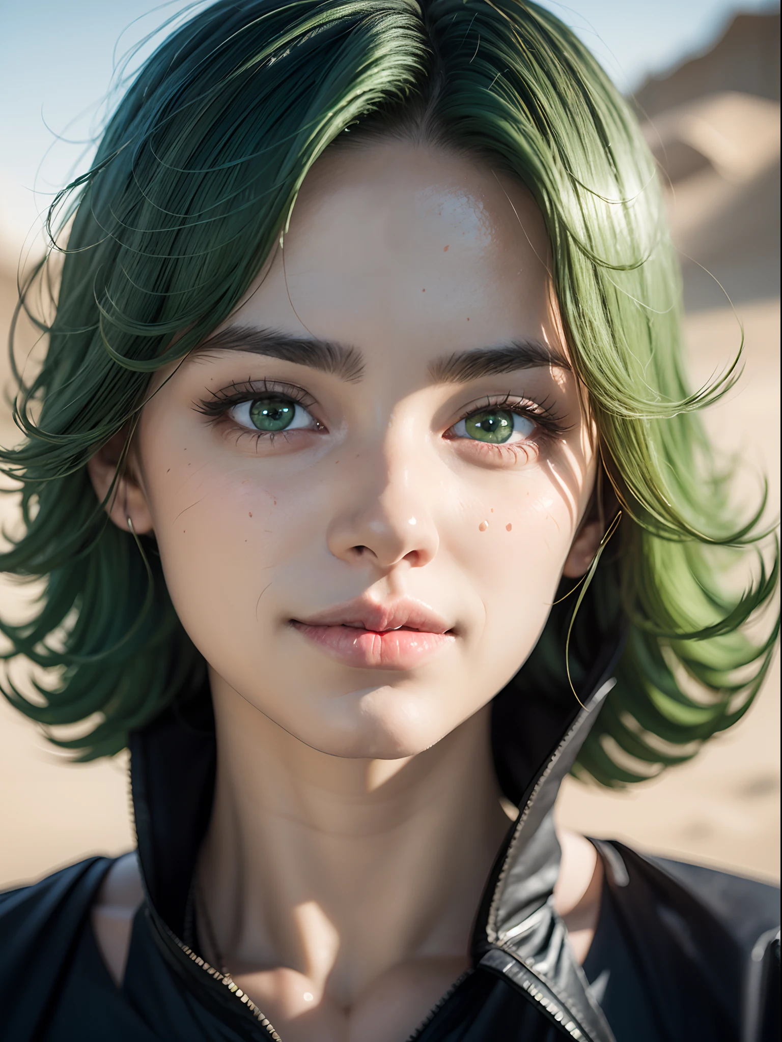 (masterpiece, best quality:1.4), (full body), 1girl, solo, outside, on a desert with sand and dust,angry face, tatsumaki, (pelvic curtain:1.2), long sleeves, black dress, (green hair), short hair, medium breasts, beautifull smile, beautiful face, highly detailed face, highly detailed eyes, highly detailed skin, skin pores, subsurface scattering, realistic pupils, full face blush, full lips, depth of field, volumetric lighting, sharp focus, absurdres, realistic proportions, good anatomy, (realistic, hyperrealistic:1.4), 16k hdr