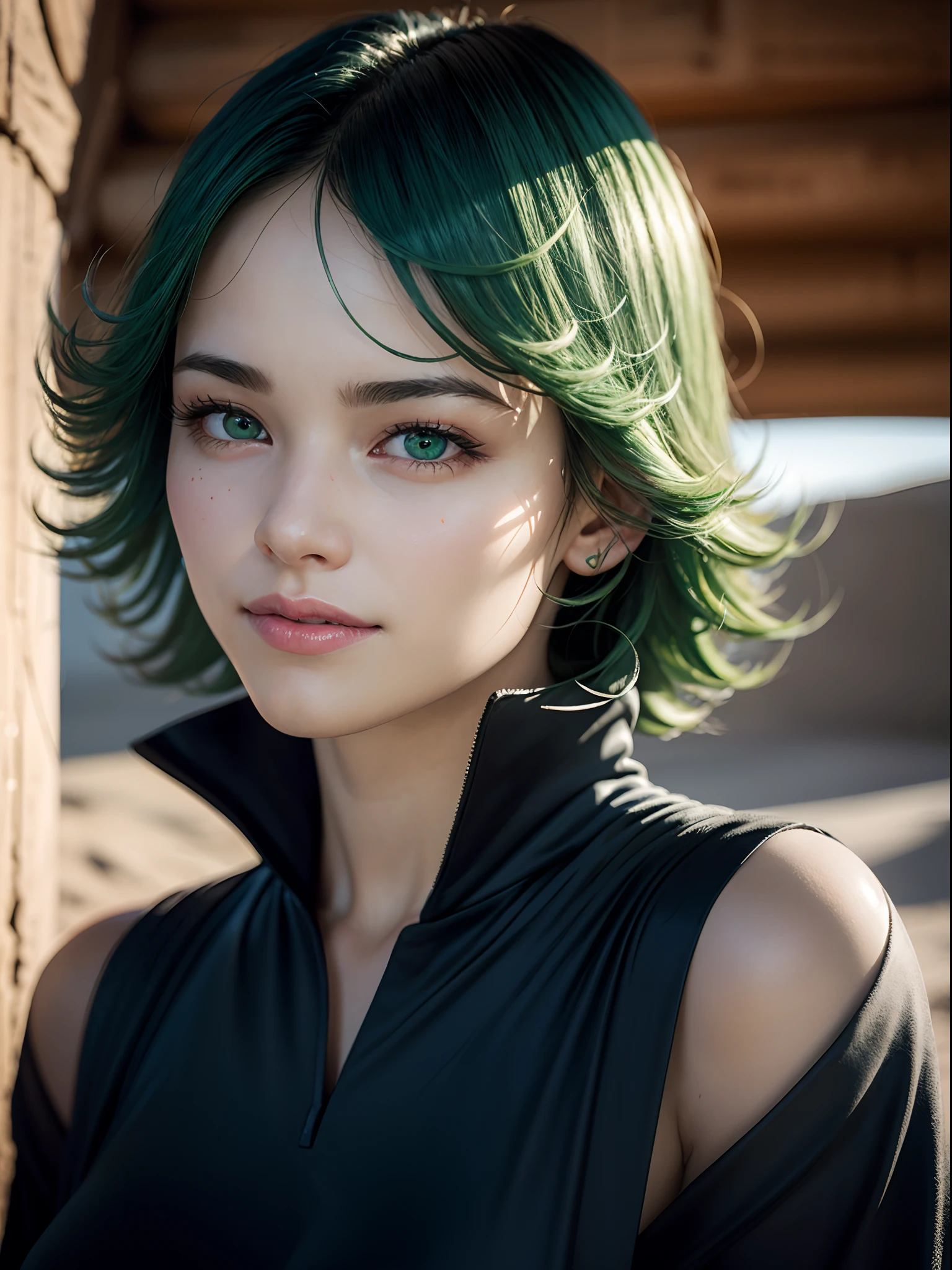 (masterpiece, best quality:1.4), (full body), 1girl, solo, outside, on a desert with sand and dust,angry face, tatsumaki, (pelvic curtain:1.2), long sleeves, black dress, (green hair), short hair, medium breasts, beautifull smile, beautiful face, highly detailed face, highly detailed eyes, highly detailed skin, skin pores, subsurface scattering, realistic pupils, full face blush, full lips, depth of field, volumetric lighting, sharp focus, absurdres, realistic proportions, good anatomy, (realistic, hyperrealistic:1.4), 16k hdr