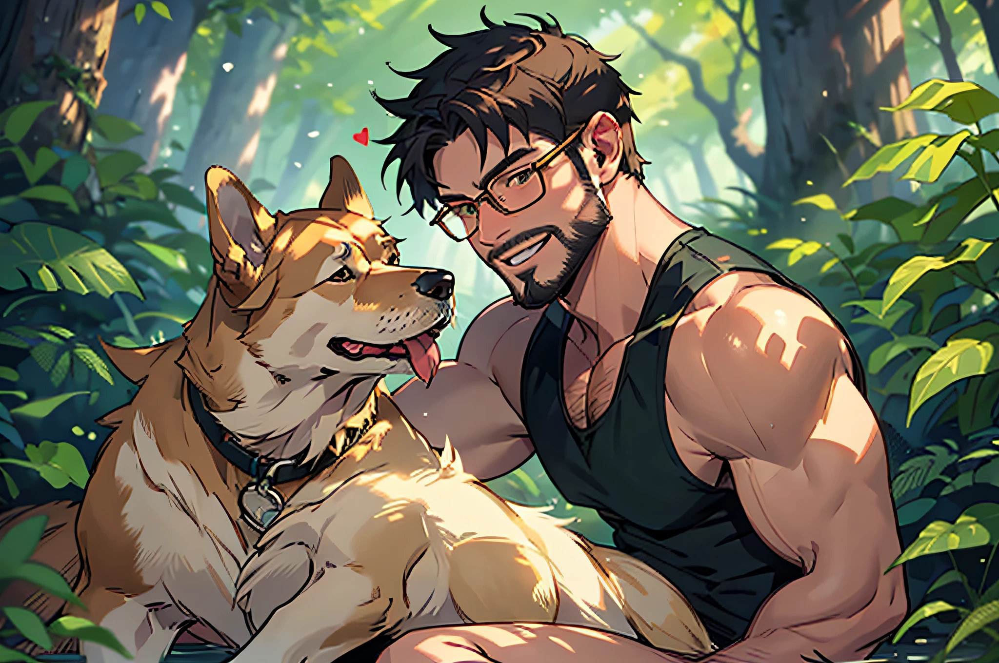 a man with a beard and a golden retriever dog, the man wearing glasses, green tanktops, in the forest, the man on his knee and rubbing the dog's head, the well detailed, face focus, happy smile, happy dog, heart-warming