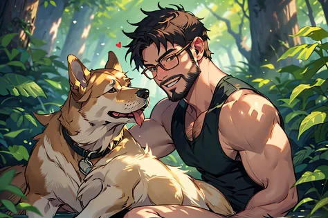 a man with a beard and a golden retriever dog, the man wearing glasses, green tanktops, in the forest, the man on his knee and r...