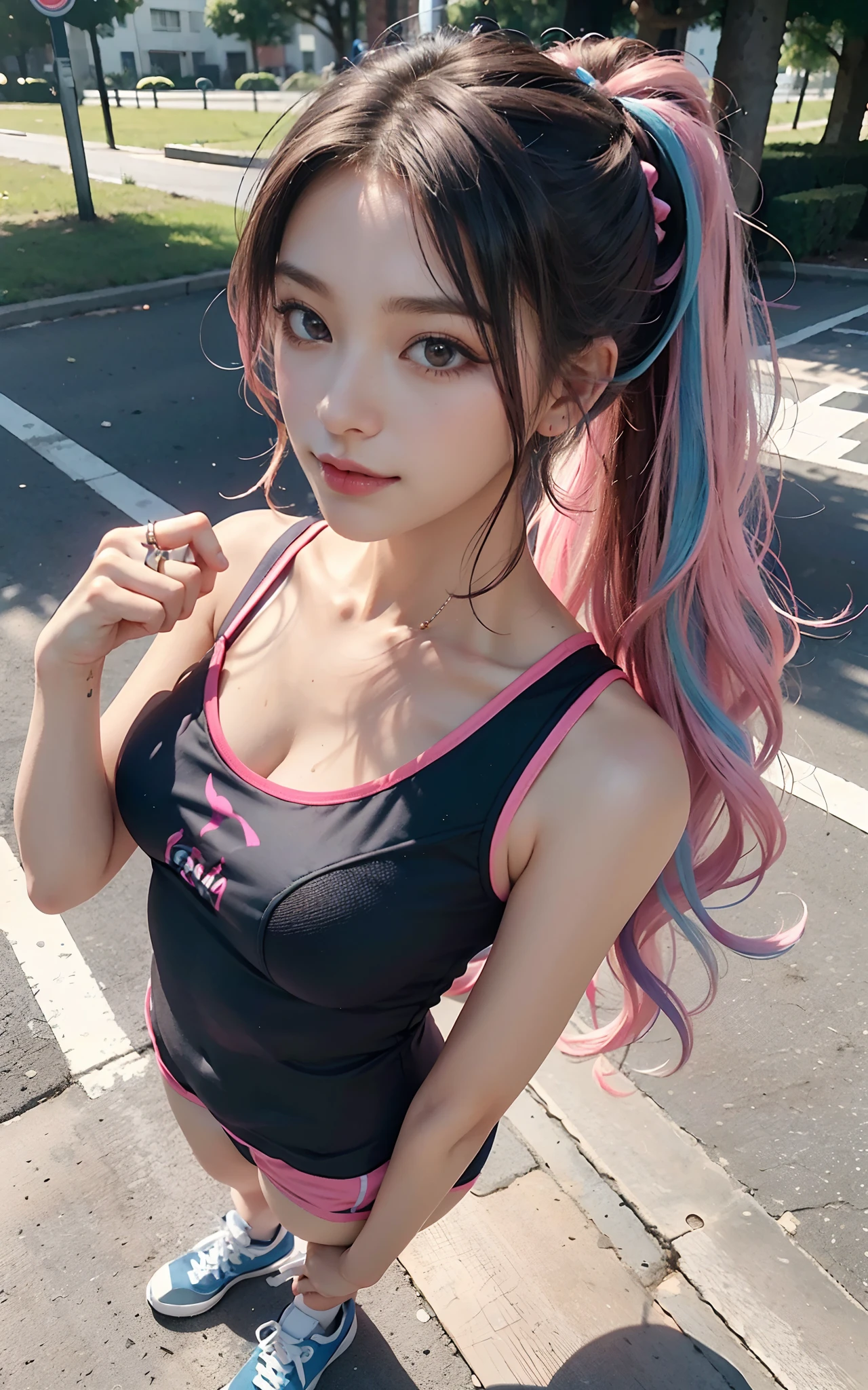 (Big breasts, 18 years old, Very small head), Daylight, Sunlight, (Perfect body : 1.1), (short wavy hair:1.2, dark brown hair, Pink and blue mesh hair, Thin mesh, half updo), ((Full body shot)), (sports wear), (onground), (Running), (Very detailed CG 8k wallpaper), (extremely delicate and beautiful), (masutepiece), (Best Quality:1.0), (超A high resolution:1.0), (realisitic), Realistic Shadows, (High resolution), Detailed skin, Ultra-detailed, Slim body, (Beautiful hair, Real Hair, detailed hairs), Fine Collarbone, blush, Photorealistic, Realistic face, Realistic eyes, Small eyes, Happy smile, (((Colorful))), (eye liner), (mascara), (eye shadow),