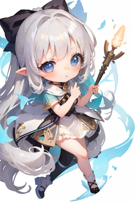 ​masterpiece,HIG quality,[(White background:1.4)::5],(Chibi:1.4),Bottle Bottom,candelabra,pedestal,nffsw,((Chibi Chara)),（hightquality, Cute and beautiful Chibi:1.4),Long silver hair,（elvish:1.4),Have a bow and arrow,beautiful detailed hair、beautiful detai...