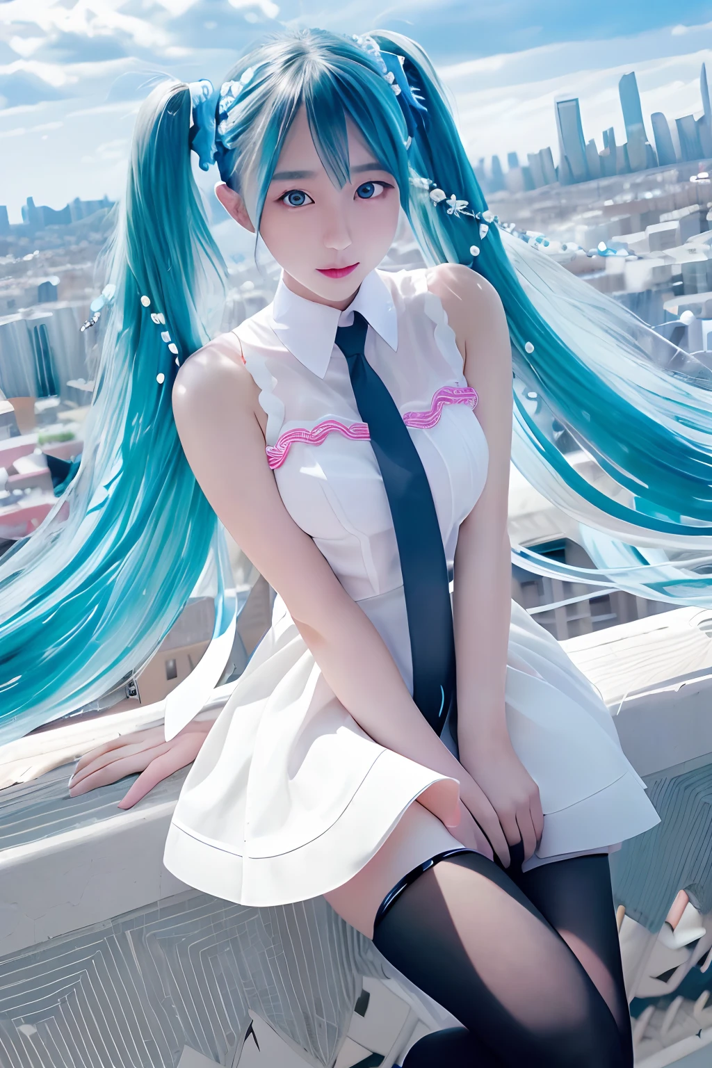 miku hatsune、Official art, ​masterpiece, Sharp Focus, (Beautiful gorgeous cute korean woman:1.3), (Beautiful cute korean woman:1.3), Korean  beauty, Delicate Beautiful Hair and Eyes and Face, realisitic, ultra-detailliert, a beauty girl, blue-sky, Glow white particles, (side lights:1.2), rays of sunshine, white clouds, Fine clouds, A slender, Pretty breasts and big buttocks, Show your teeth and smile, ((Smile with your eyes, open both eyes)), Scenic, Blunt bangs、sexy facial expression、buliding、(A city scape:1.7)、Dynamic Hair、Twin-tailed、Green hair、glowingblueeyes、(Blue pleated shirt + White skirt)、White long socks、de pele branca、hair adornments、Epic Landscapes、