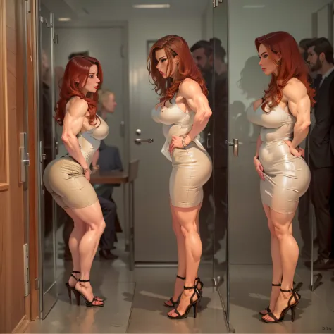 Redhead, sexy secretary, muscular legs, muscular calves, Strong legs, muscular hips, wide thighs, Curvy hips, A full body shot, high-heeled sandals, tights in a net, Stiletto heels, evening gown, large ring earrings, He really wants to pee, At the official...
