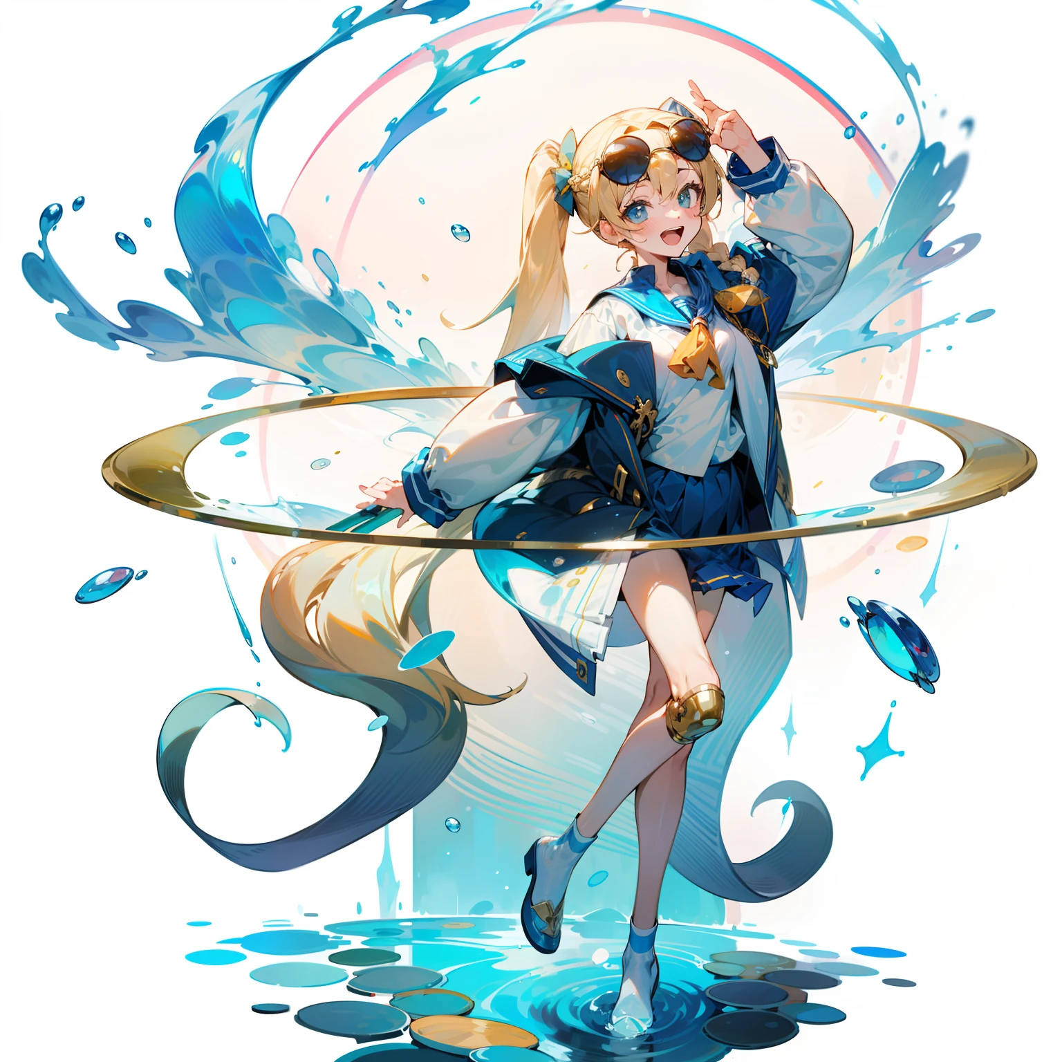 [White background 1::5]，Game stand up drawing style，1girll，Gold double straight braids，blue color eyes，laughingly，adolable，Sunglasses on the head，a sailor suit，full bodyesbian，water particles，Water ring