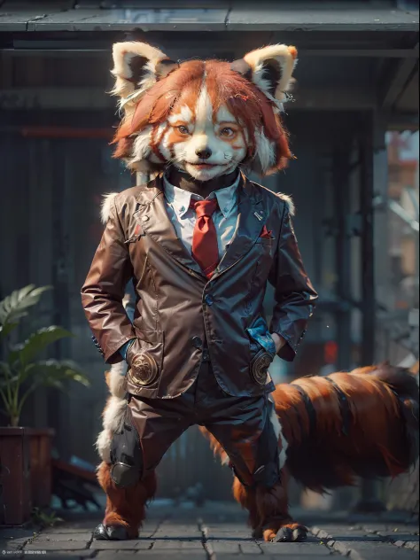 (((fullbody image、Standing posture)))、(Full body red panda standing upright in luxury business suit、Humanoid Red Panda、Cool anthropomorphic red panda with long legs)、​masterpiece, top-quality, in 8K , intricate detailes, ultra-detailliert , light Particle、...