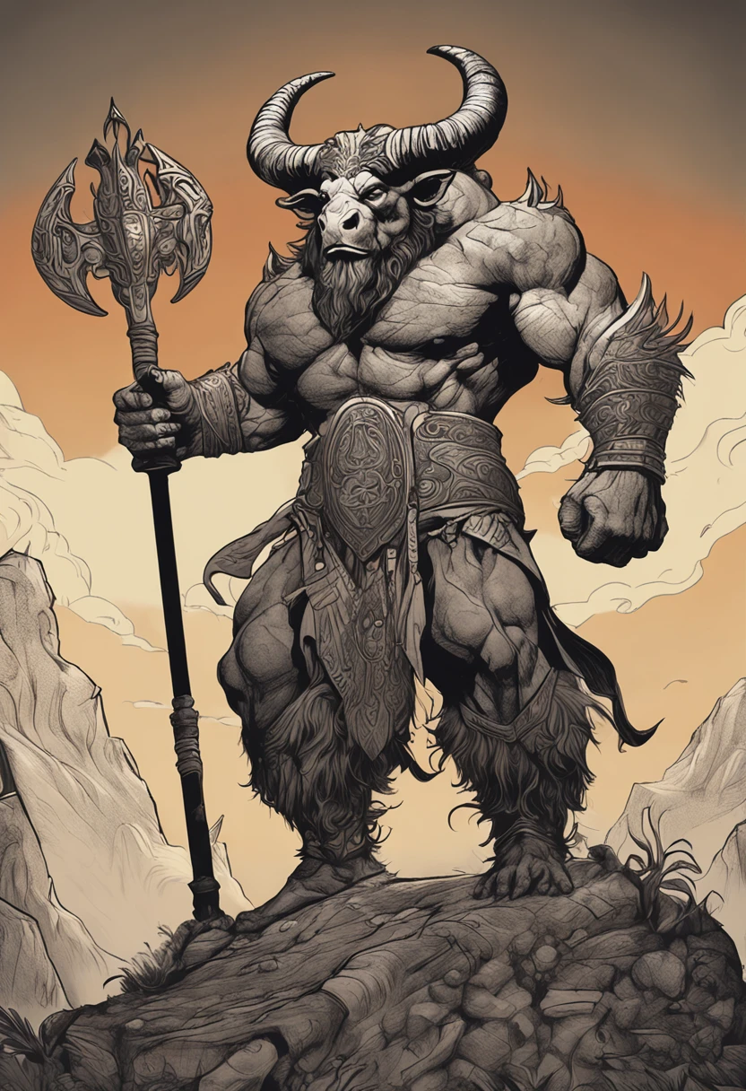 Anime-style Minotaur: A majestic Minotaur, with an imposing bull's head adorned with spiraling horns and deep, expressive eyes. athletic, no impressive armor with intricate details. The bull's skin is dark brown and covered with a fine, short coat. He is on his feet, ready for battle, a great sword in one hand and a determined expression on his face. The background is an epic backdrop with dramatic clouds and sunbeams streaking across the sky.