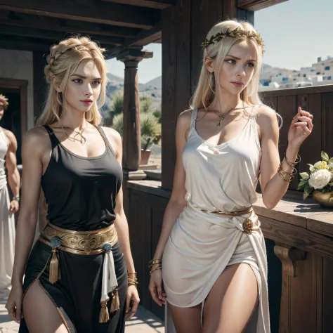(Two goddesses) and (A male god) Just arrived in Delos, "The first is the mother goddess of compassion and fertility, with blond...