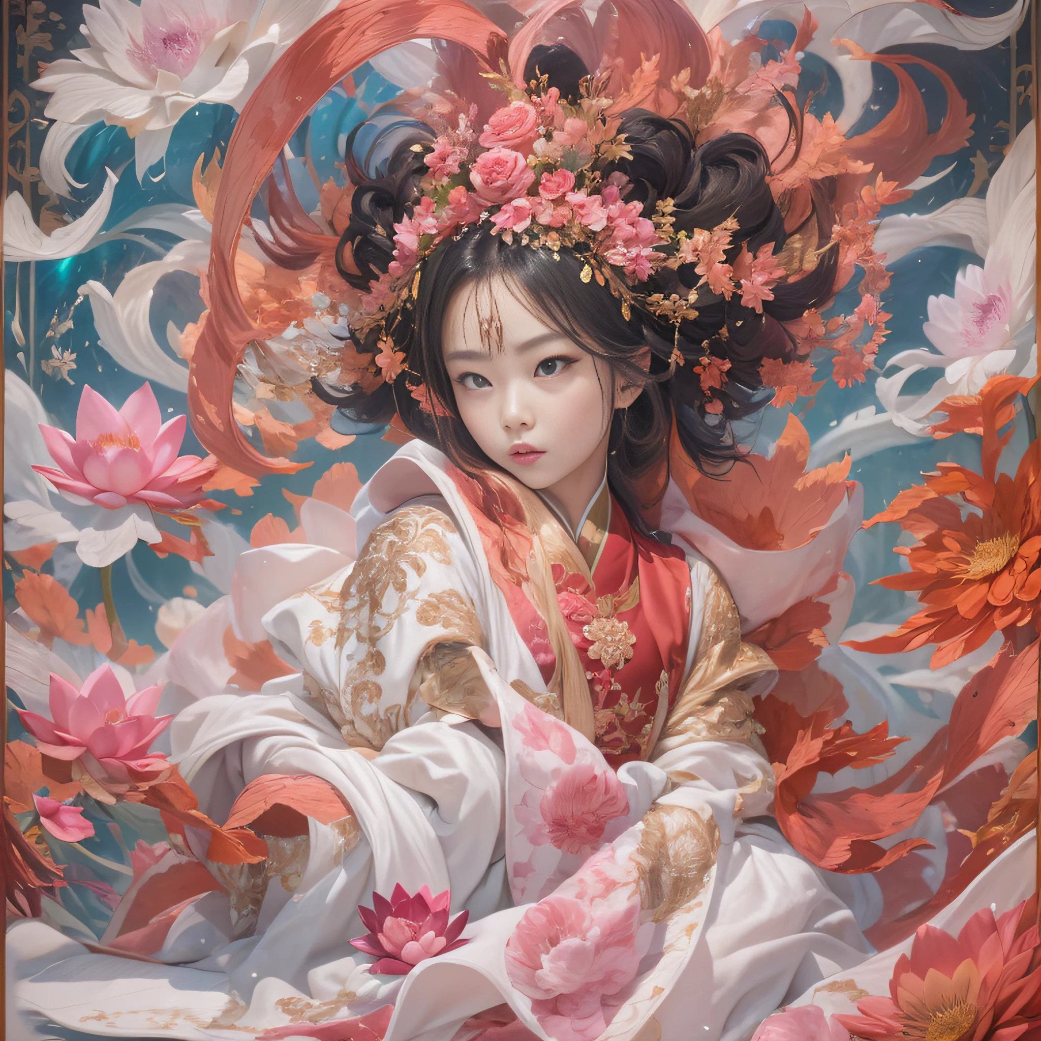 32K（tmasterpiece，k hd，hyper HD，32K）Large curls，Flowing rouge，Lunar soil pool，zydink， a color，  Kunlun Snow Mountain people （King）， （Blue and white scarf）， Combat posture， looking at the ground， Large rolls of rouge， Flowing rouge curls，Gold filigree headdress， Chinese long-sleeved cotton garment， （abstract ink splash：1.2）， Pink lotus background，Water lily flower protector（realisticlying：1.4），Rouge hair，Autumn is in full swing，The background is pure， A high resolution， the detail， RAW photogr， Sharp Re， Nikon D850 Film Stock Photo by Jefferies Lee 4 Kodak Portra 400 Camera F1.6 shots, Rich colors, ultra-realistic vivid textures, Dramatic lighting, Unreal Engine Art Station Trend, cinestir 800，Large curls，Flowing rouge