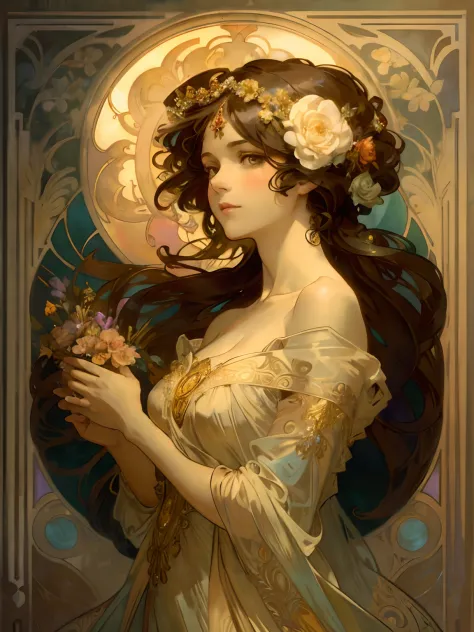 beatiful backgrounds,
Alphonse Mucha,
a Woman,looking at viewer,woman holding a bouquet
plain dress,black hair,
bare wrist,bare arms,,bare shoulder,longeyelashes,