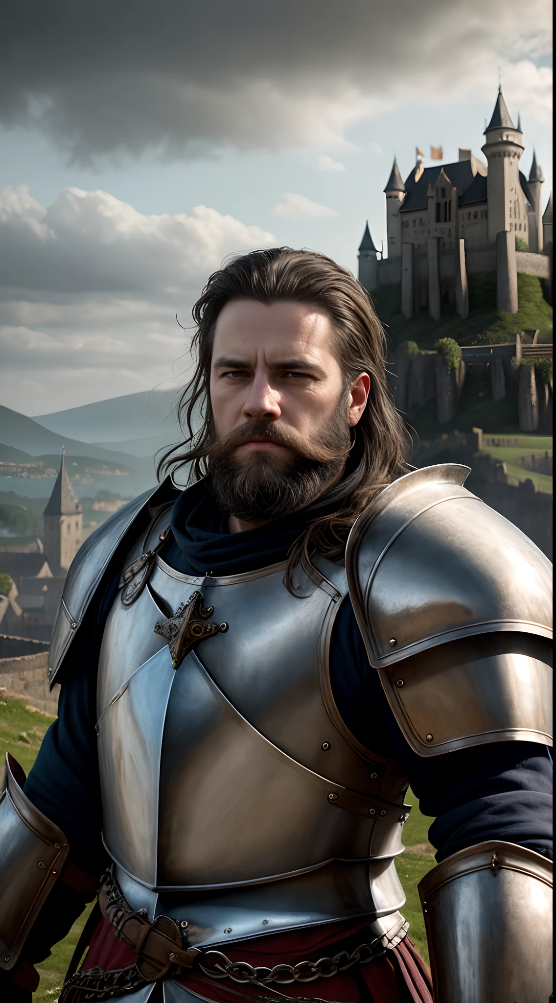 photorealistic, top quality, masterpiece, cinematic composition, slow motion, (medium shot of a medieval knight, sombre and weathered face, beard, grey hair:1.2), chain mail and plate armour, (realistic and detailed|intricate armour:1.1), (visible face:1.3), (photorealistic physiognomy|eyes|iris|skin|musculature, detailed skin, skin texture, natural skin), (holding a sword in his hand:1. 2), frontal perspective, imposing and determined pose, looking forward with determination, skin imperfections, natural skin wrinkles, natural skin spots, highly detailed clothes, abundant details, intricate details, realistic wrinkles in clothing, medieval fantasy landscape, cloudy sky, castle in the background in the distance, radiant lighting, deep shadows, dramatic scene, dark and cool colour palette, blue and grey tones, No other characters in the scene, abundant detail|intricate, detailed landscape, volumetric lighting, (detailed lighting), (detailed light reflections on armour:1. 1), 8k, highly detailed, UHD, HDR, photorealistic facial expression|hairstyle