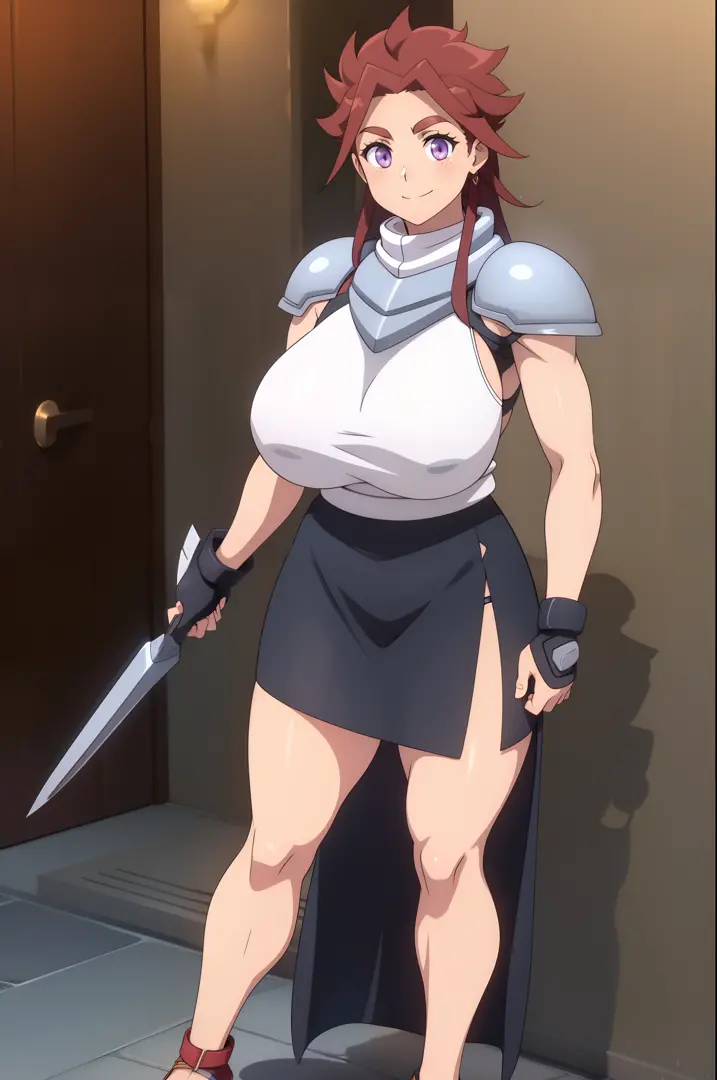 rbykoha, knight armor, long skirt, large skirt, smile, huge breast, full body, flipflops, holding (lance),standing