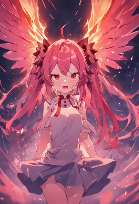 wings growing on the back、Girl with twin tails with light red hair and one horn、Girl with double teeth、nightcore、One-winged devil、No one-sided angle、Dragon Tribe Girl、Devil Girl、Dragon Tribe、yandere、Zito-order