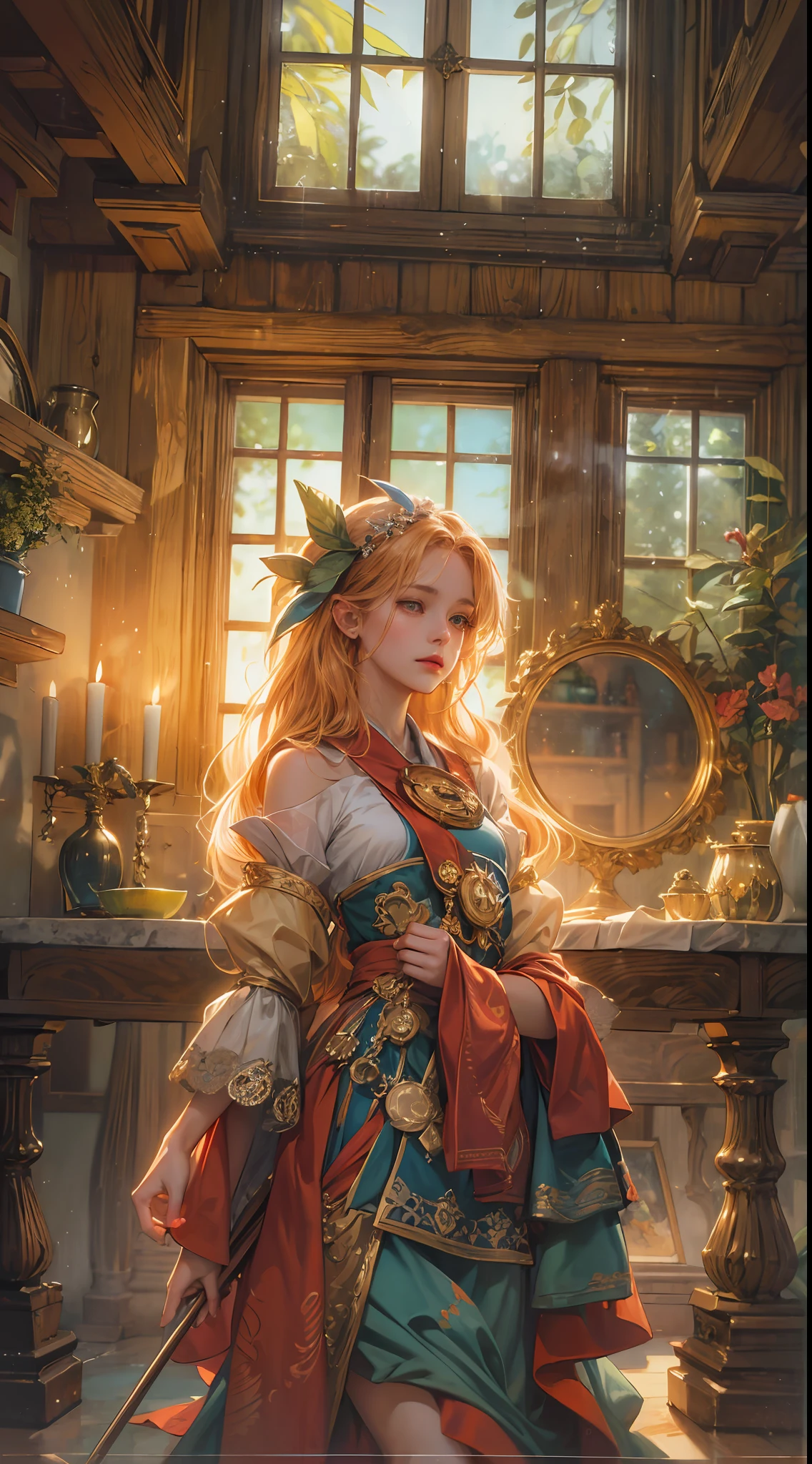 (absurdres, highres, ultra detailed, HDR), masterpiece, best quality, legend of mana character, heroine, detailed face, beautiful face with decorative sticks on hair, seraphina staring at the window inside home, detailed character, detailed indoor, detailed home, night time