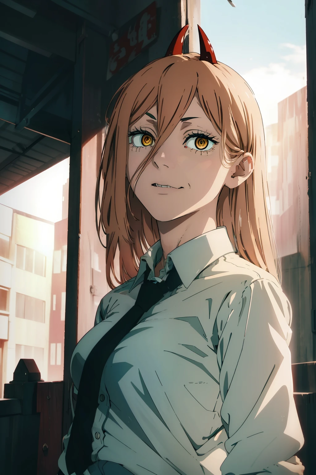 masterpiece, gorgeous, best quality, highres, 1girl, solo,cute, smilling, blonde, pink_hair, dangerous,vivid eyes,yellow eyes, alone, subway, mesmering eyes,confident,superior, naughty, laughing BREAK (power \(chainsaw man\),), backlight, glowing eyes, artistic, wallpaper, black tie, (sensual),happy, BREAK intimate, digital art, high details, modern, intricate, (perfect face), traced lights, BREAK superior,cinematic, absurdes, white shirt, city, red horns,