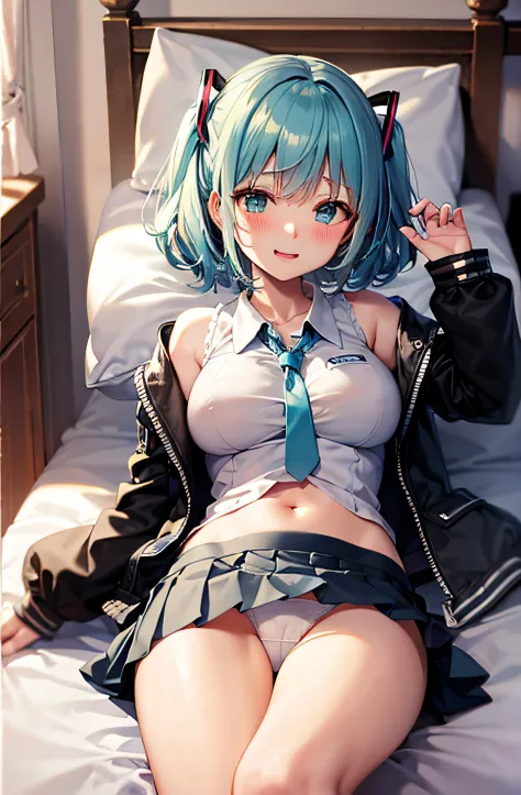​masterpiece、Top image quality、超A high resolution、miku hatsune、blue hairs、Short hair、Twin-tailed、Colossal tits、Blushing、Embarrassing appearance、Aid Dating、high-school uniform、summer clothing、The shirt、a miniskirt、on the beds、Open your legs、White panties、Fa...