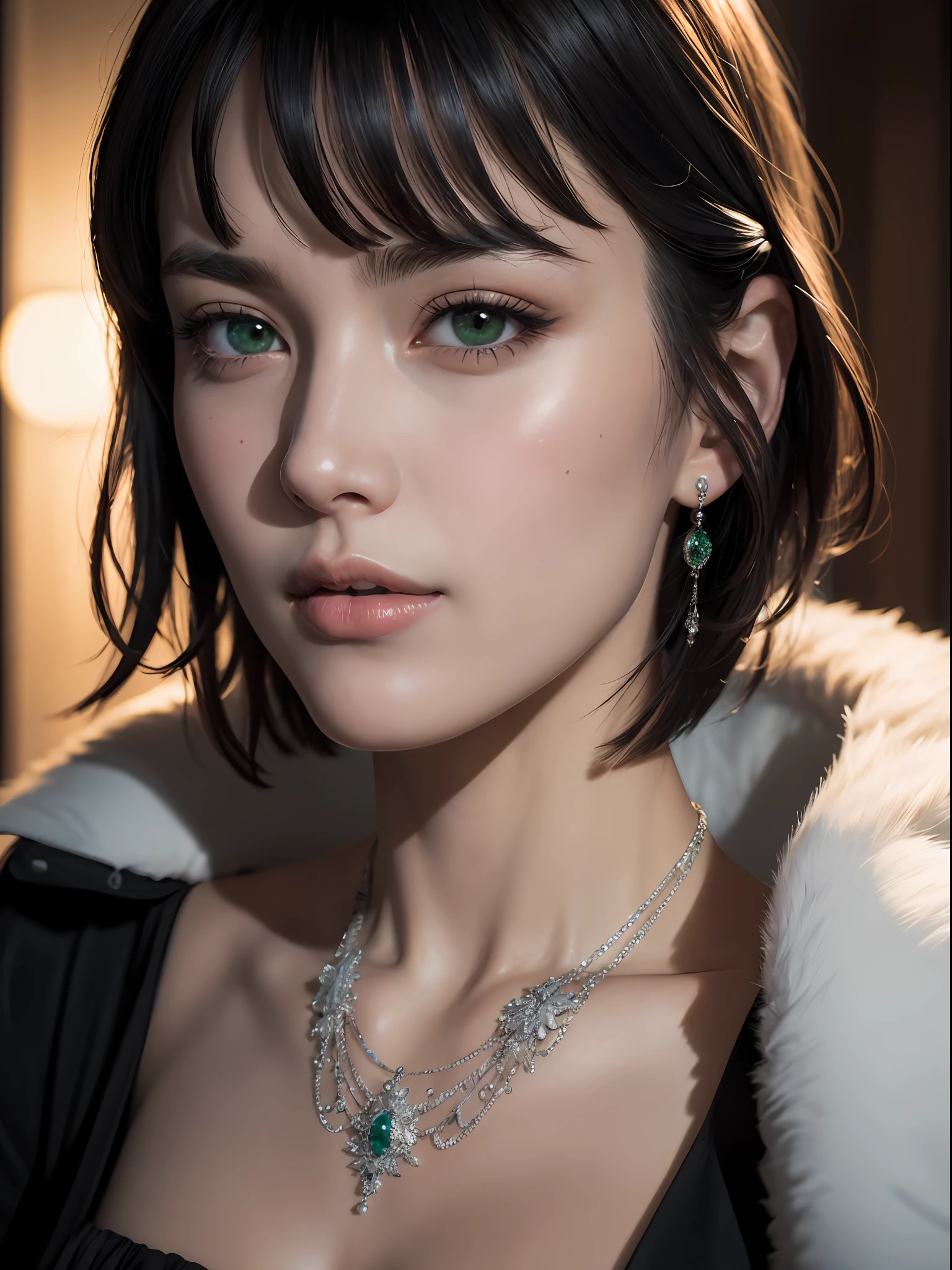 (masterpiece, best quality:1.4), (close up:1.2), 1girl, solo, fubuki, black hair, green eyes, short hair, black dress, dress, fur coat, high collar, jewelry, necklace, off shoulder, taut clothes, taut dress, looking at viewer, beautifull smile, beautiful face, highly detailed face, highly detailed eyes, highly detailed skin, skin pores, subsurface scattering, realistic pupils, full face blush, full lips, detailed background, depth of field, volumetric lighting, sharp focus, absurdres, realistic proportions, good anatomy, (realistic, hyperrealistic:1.4), 16k hdr,