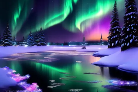 Aurora、starrysky、rainbows、Night Rainbow、ice age, An enchanting polar night setting where the Northern Lights dance across the sky, Cast bright shades of green and purple, An ice lake reflecting colorful scenes, Snow-covered pine trees create a serene atmos...