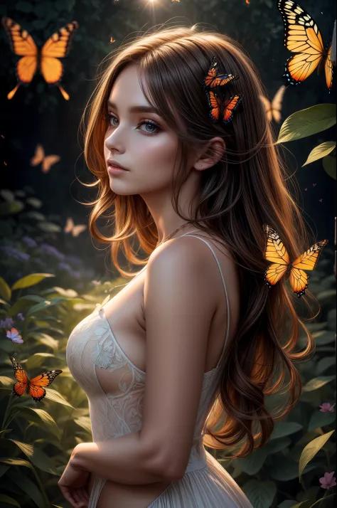 stunning woman portrait Gently Illuminated by Dawn, butterflies flying around
