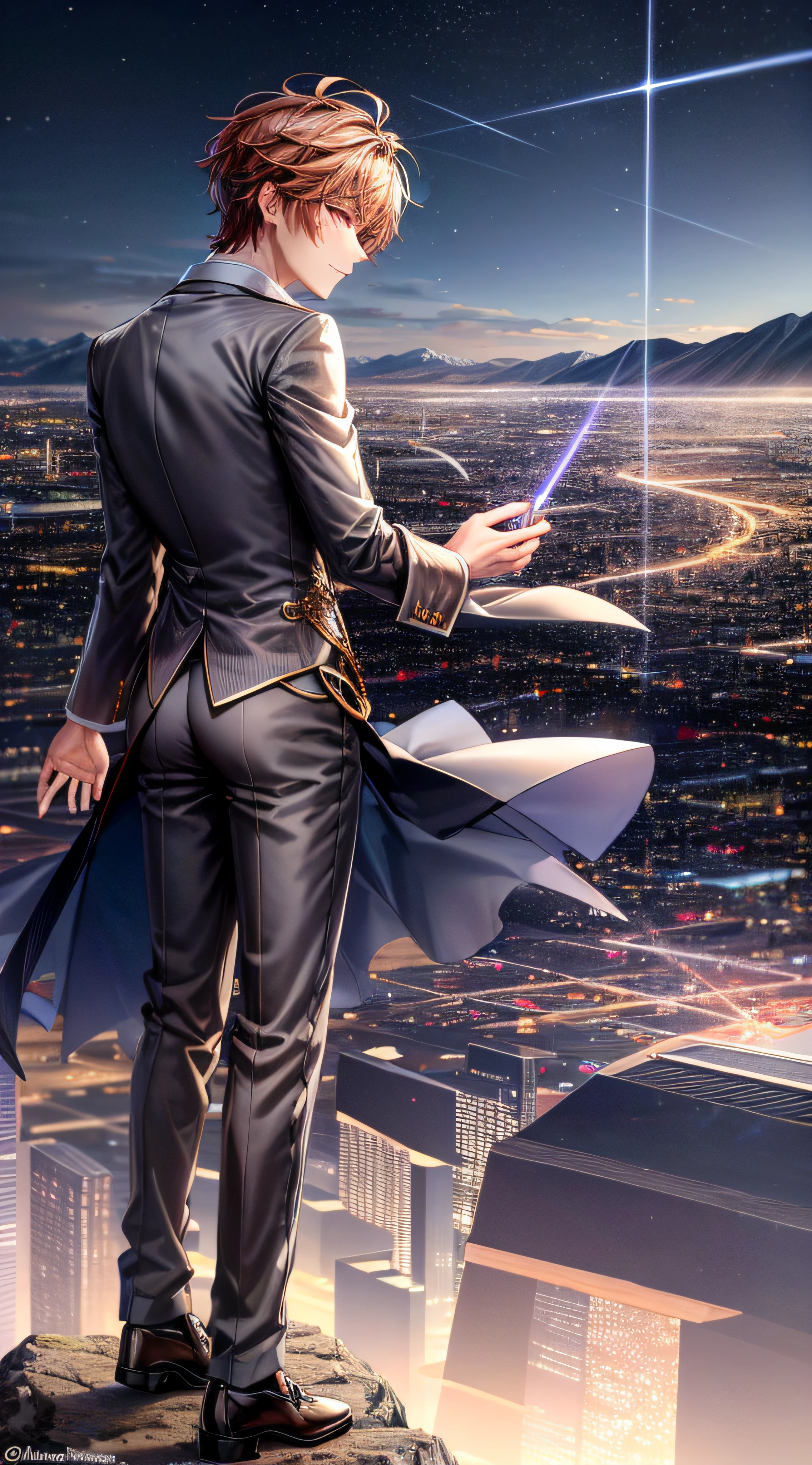 A man standing on the edge of a mountain overlooking the city、Wearing a suit、Rear view、nighttime scene、Mountainous in the distance、City lights、