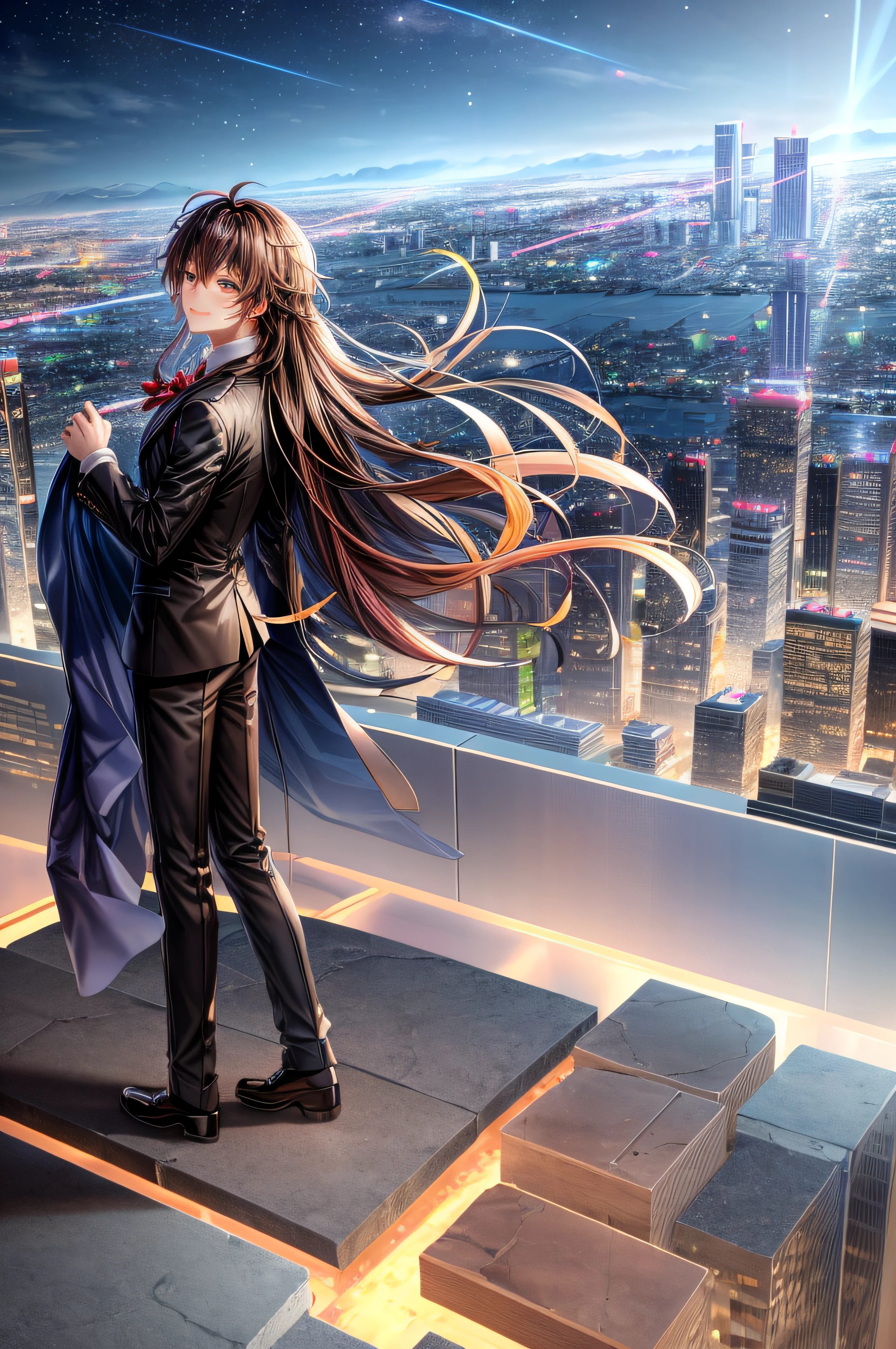 A man standing on the edge of a mountain overlooking the city、Wearing a suit、Rear view、nighttime scene、Mountainous in the distance、City lights、Man Overlooking the City、People are small、​masterpiece、top-quality、Very Detailed Masterpiece、hight resolution、8K、business sui、businessman、suits、looking-down、highrise buildings、Buildings、ambition、ambition、