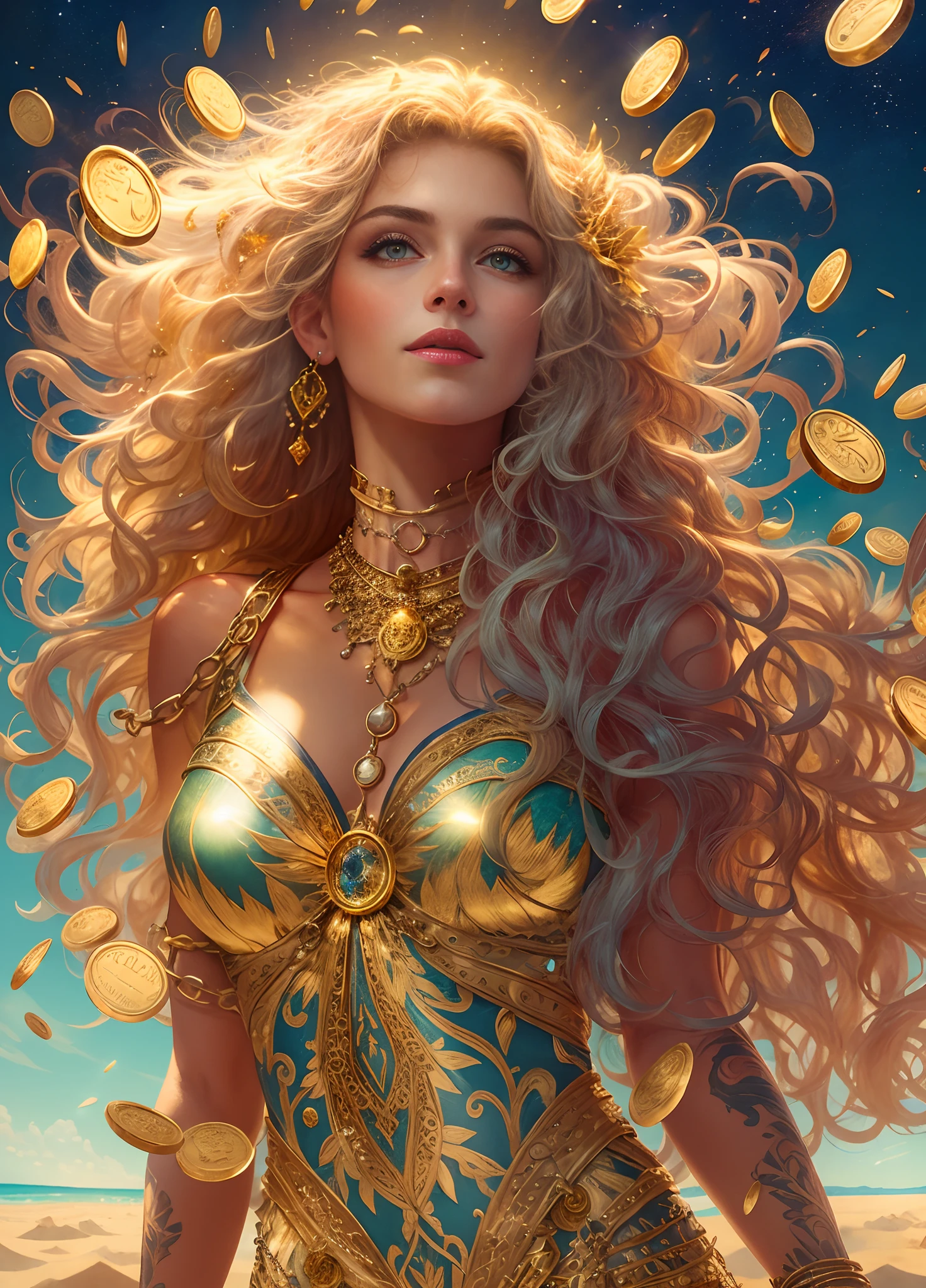 A woman in a gold and blue dress with gold coins flying around her