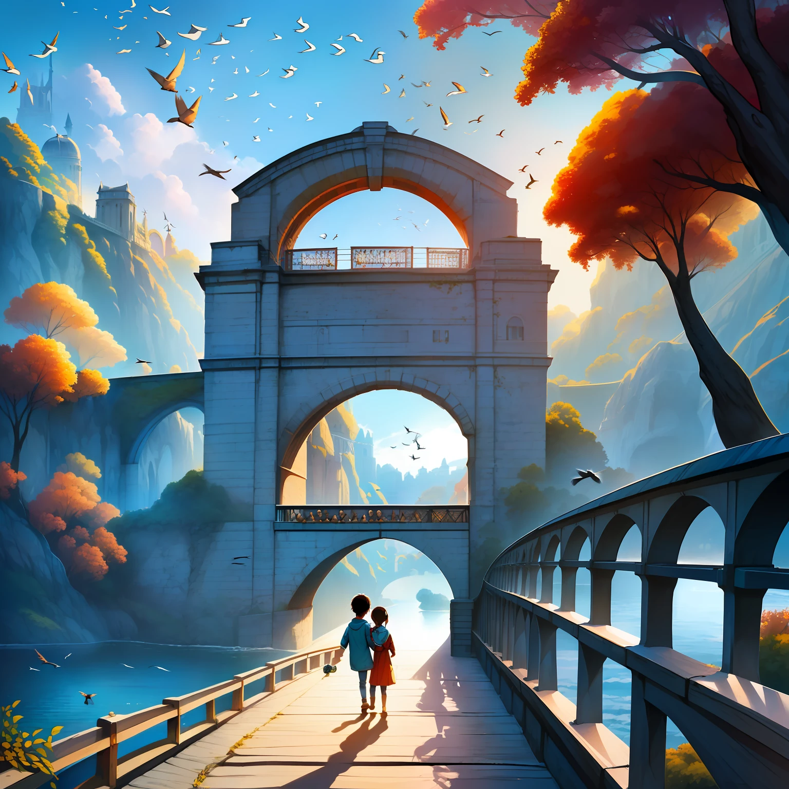 Double Seven Day,HighestQuali，Best picture quality，4 k hd wallpaper，Eiichiro Oda painting style，(((Flocks of birds form the arch bridge)))，(1girll:1.3),(1boy:1.3)，