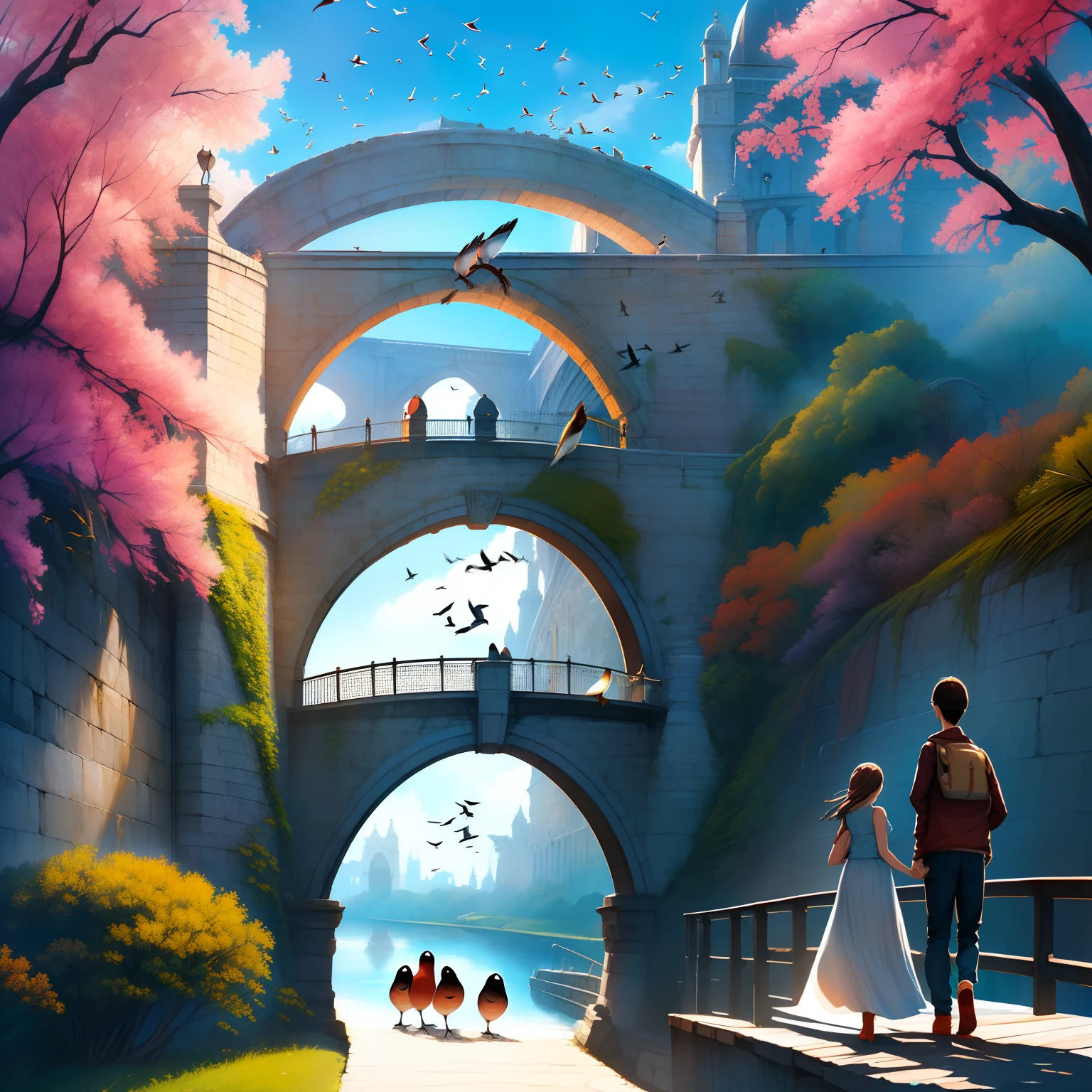 Double Seven Day,HighestQuali，Best picture quality，4 k hd wallpaper，Eiichiro Oda painting style，(((Flocks of birds form the arch bridge)))，(1girll:1.3),(1boy:1.3)，