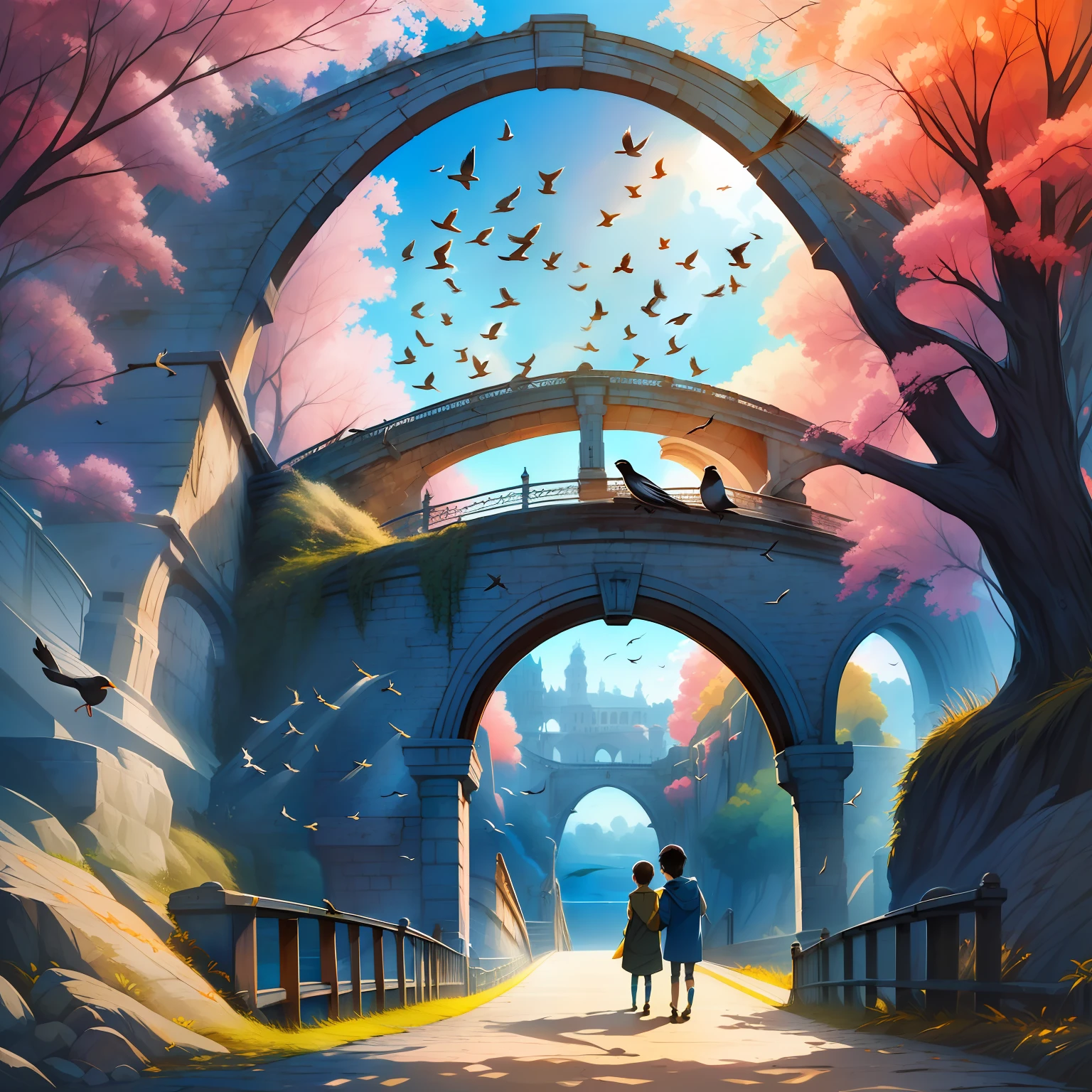 Double Seven Day,HighestQuali，Best picture quality，4 k hd wallpaper，Eiichiro Oda painting style，(((Flocks of birds form the arch bridge)))，(1girll:1.3),(1boy:1.3)，