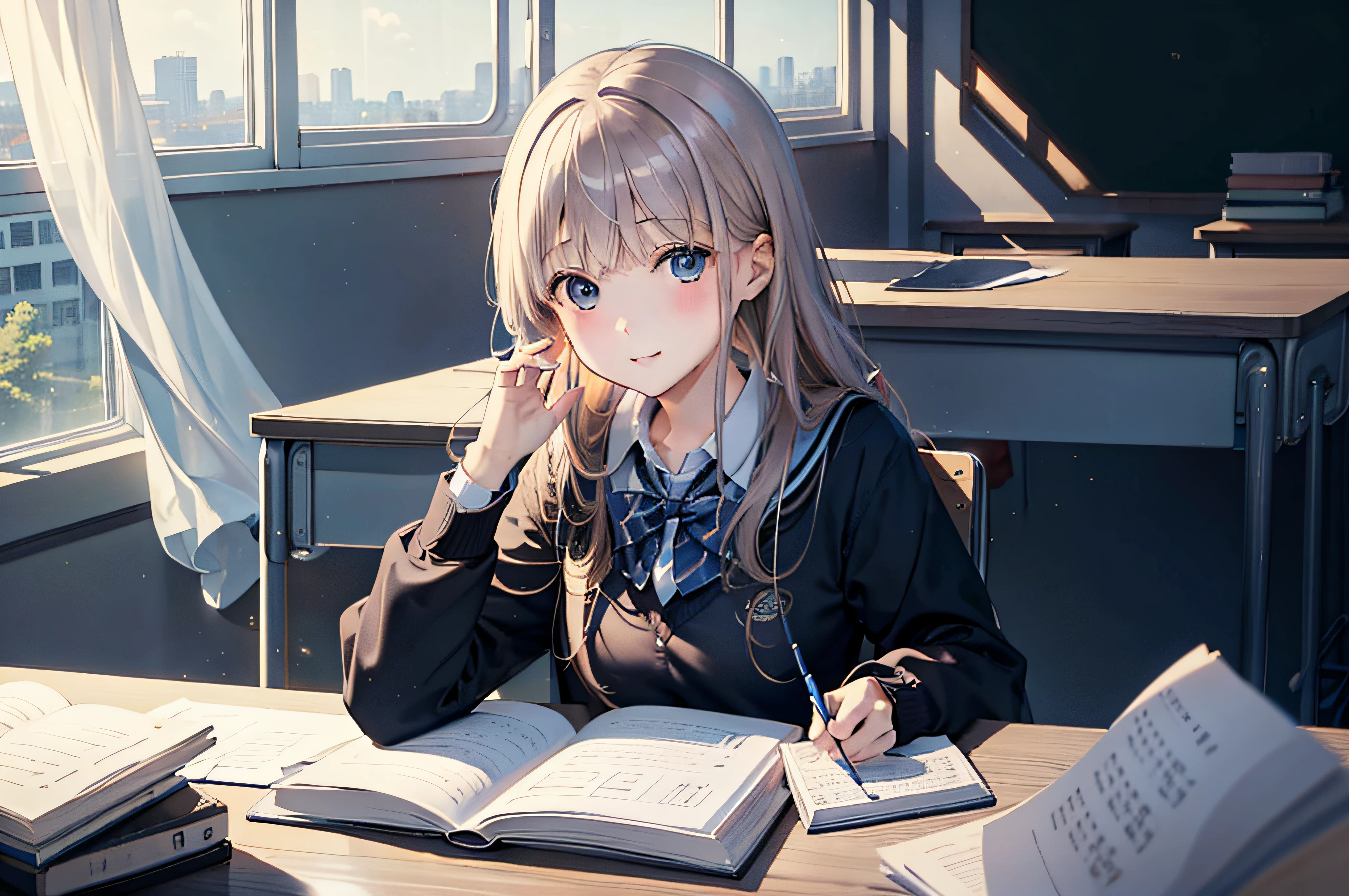 ​masterpiece、top-quality、hight resolution、girl with、soio、hi-school girl、校服、‎Classroom、Girl sitting on chair and studying at desk、sketching、study、write、notebook、Beautie、cute little