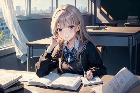 ​masterpiece、top-quality、hight resolution、girl with、soio、hi-school girl、校服、‎Classroom、Girl sitting on chair and studying at desk...