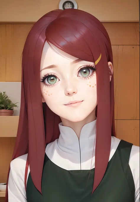 Anime girl with long red hair and green eyes in a room - SeaArt AI