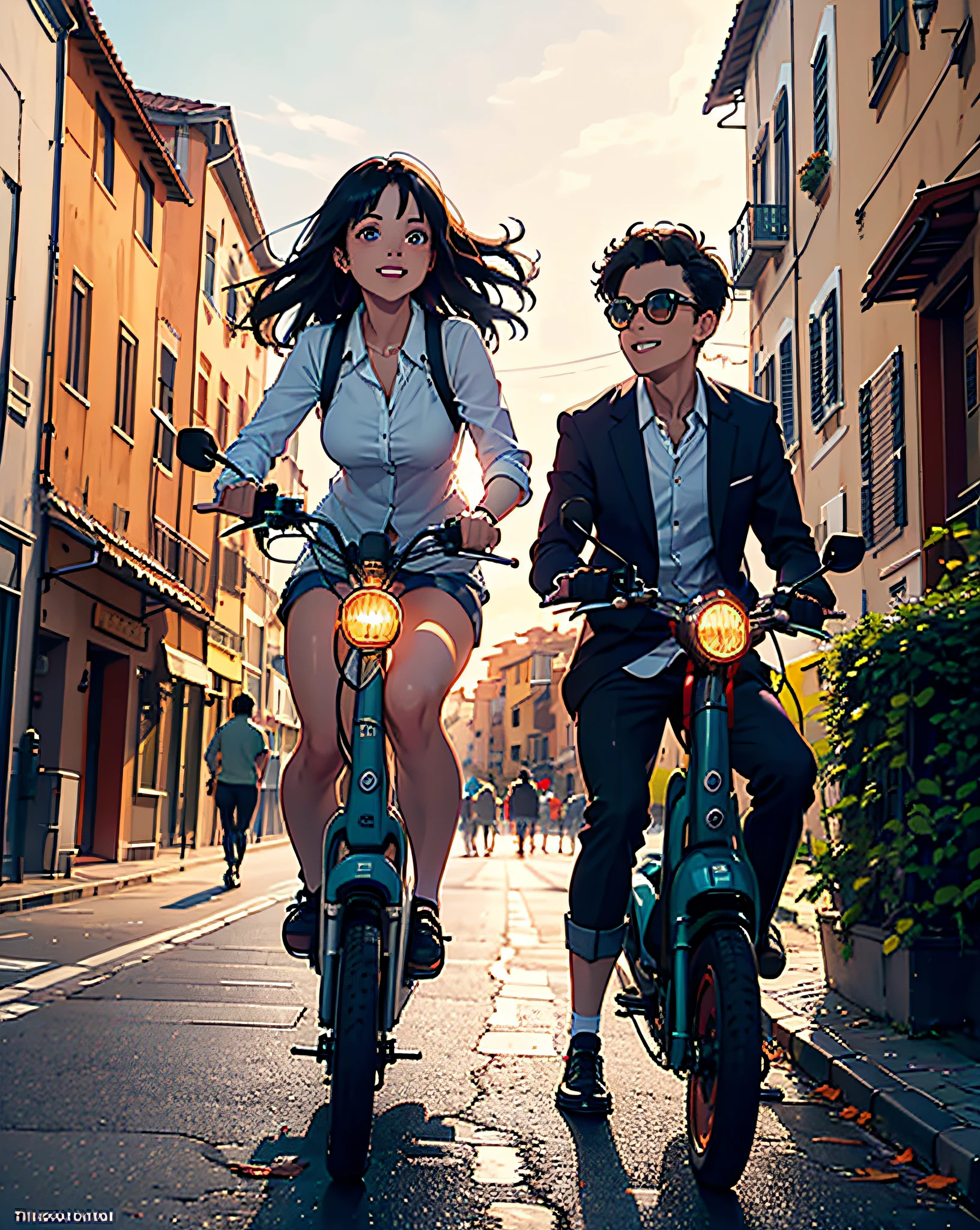 masterpiece, best quality, illustration, ultra-detailed, finely detail, highres, 8k wallpaper, perfect dynamic composition, beautiful detailed eyes, natural lip, An illustration of a scene in which the two main characters are traveling around Rome on a scooter in Roman Holiday. The time period is evening. The location is the streets of Rome. The two main characters are riding scooters and running through the streets of Rome. The two are happily talking and smiling. In the background you can see the ancient architecture of Rome. The sky is red with the setting sun. Tourists from Rome are walking around them. The two continue to run on their scooters, enjoying the streets of Rome. This illustration cuts out a beautiful scene from a Roman holiday. The happy smiles of the two and the beautiful streets of Rome captivate the viewer.