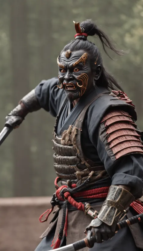 approximately 20 years after the feudal era, A samurai with a katana wrapped in a sinister aura facing off against several menacing monsters ready to attack.