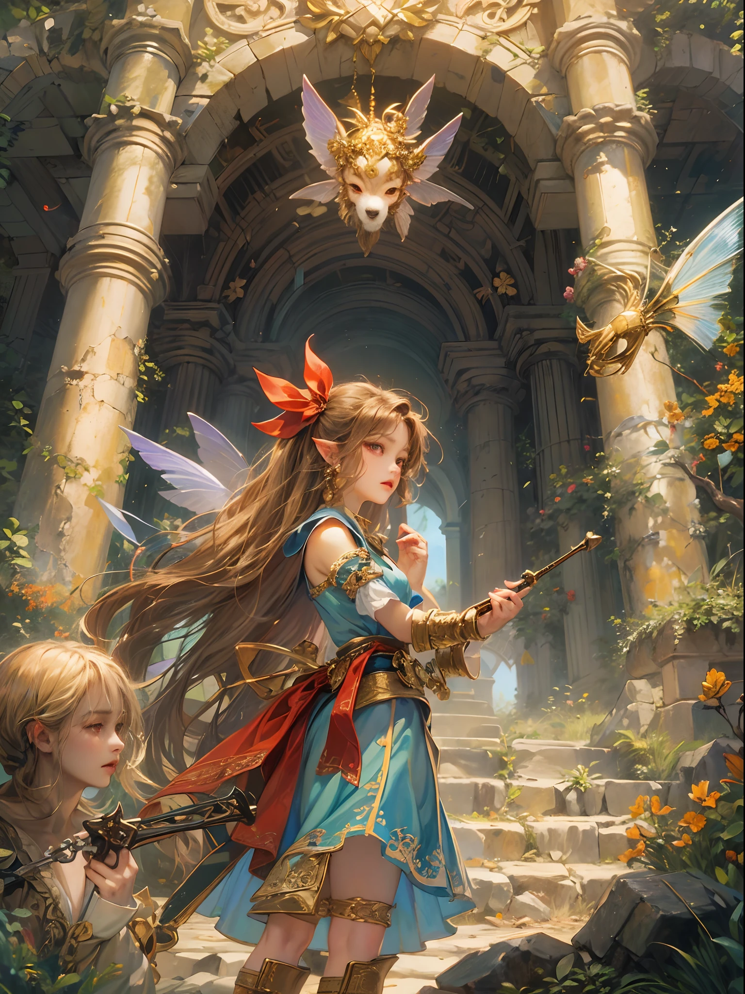 (absurdres, highres, ultra detailed, HDR), masterpiece, best quality, legend of mana character, heroine, detailed face, beautiful face with decorative pins on hair, seraphina talking to a little  black haired faerie with red eyes with magic wand outside midas ruins, detailed character, detailed outdoor ruins, detailed backdrop