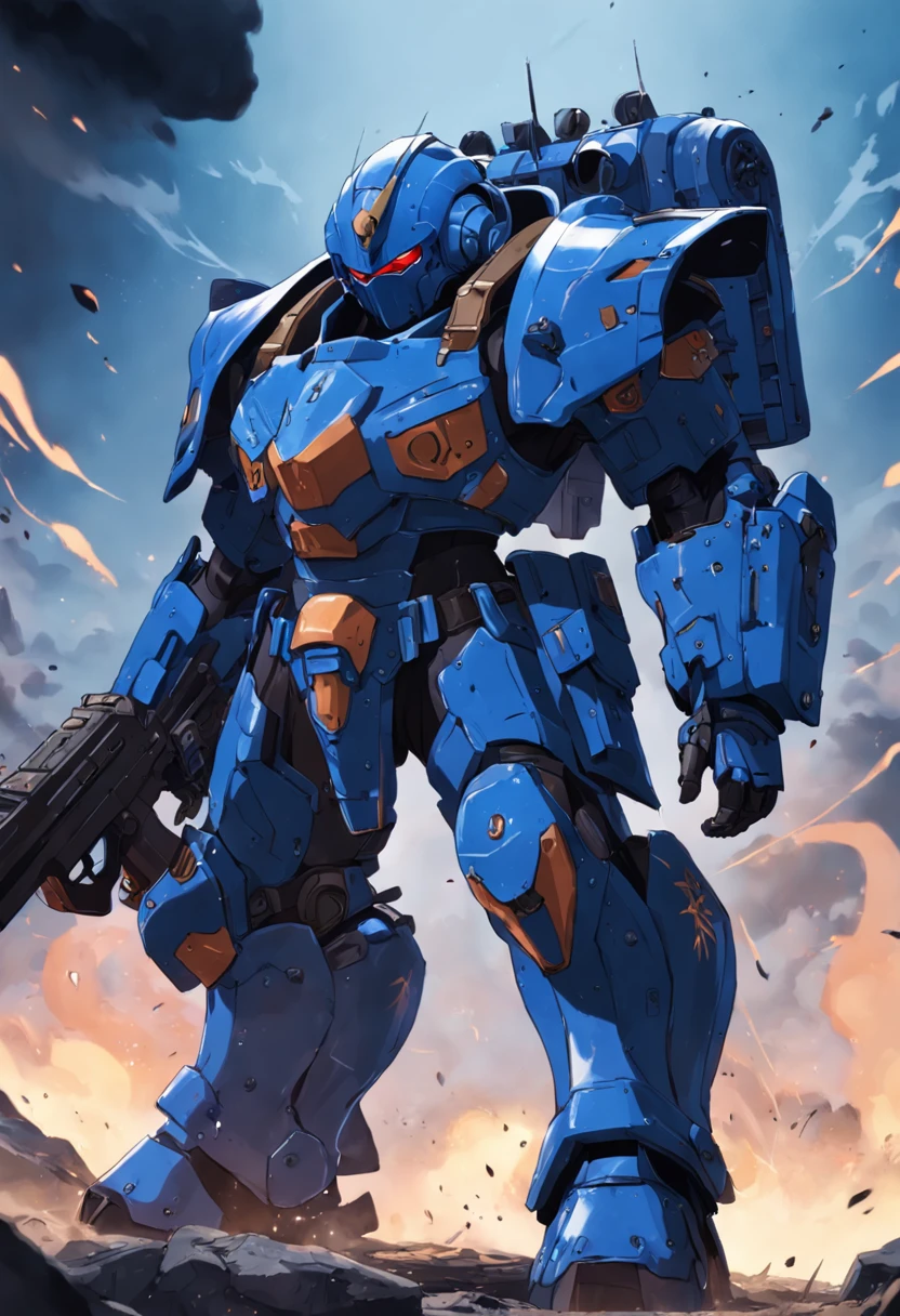 Tall soldierrs, heavy armor, blue, weapon, gatling gun, faceless visors, rank on the side of clothing, horizon