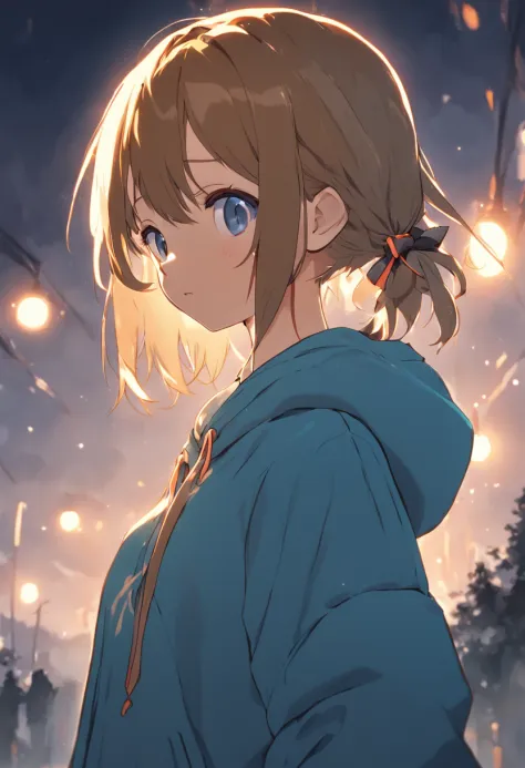 Girl with a short cut outside splash with braids above the ears、Golden eyes、Light brown hair、Blue ribbon、Wearing a hoodie over a Y-shirt、thin ribbon at chest,、‎Classroom、Female protagonist
