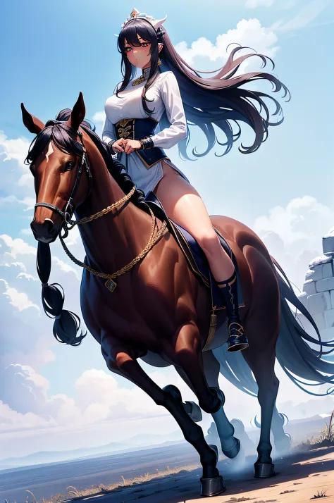 ride horse，tmasterpiece, top-quality, A handsome female rider、Also々right、1girll，Tall horses， 耳Nipple Ring， jewely， long whitr hair， ride horse， looking at viewert， obi strip， 独奏， Dark  skin， Blushlush， pigtails， ride horse， Dark-skinned women， The snow is ...