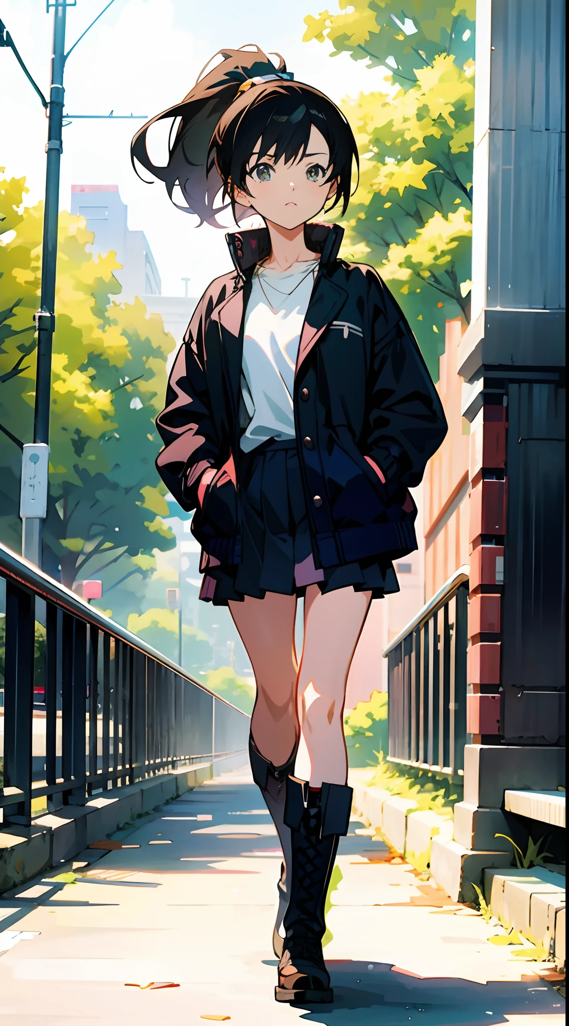 Anime girl walking on sidewalk in short skirt and jacket, urban girl fanart, Anime style. 8K, In anime style, style of anime4 K, Anime art wallpaper 8 K, anime art style, Makoto shinkai style, in an anime style, Digital anime illustration, Style anime, makoto shinkai art style, High Quality Anime Art Style