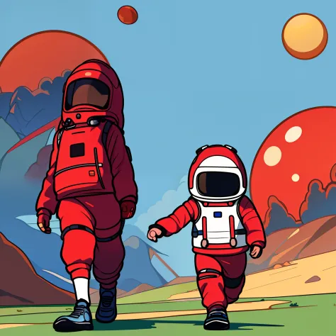 Masterpiece,Best quality, Little boy walking on Mars,Spacesuit,3 moons,space,，Chinese red