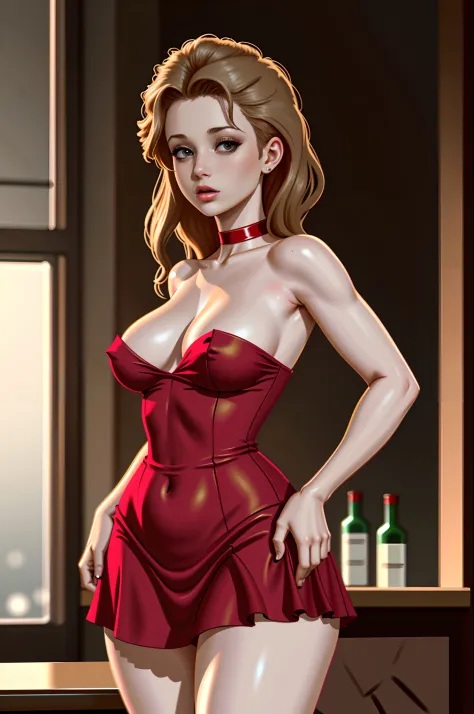 Masterpiece, best quality, 8k, Houdini render, beautiful women, slim figure, 80s style, big boobs, nice body, standing in bar, in red dress, deep cleavage, bottles in background