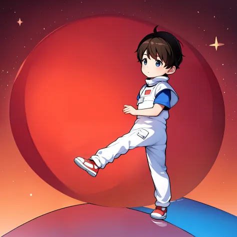 masterpiece,best quality, little boy walking on mars,spacesuit,3 moons,space,，chinese red，blue earth，space deep sky